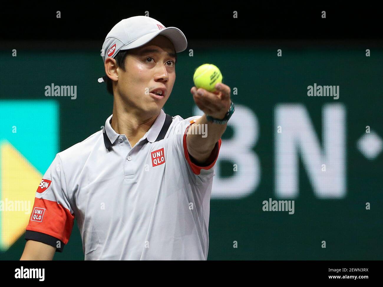 Rotterdam, Niederlande, 2. März 2021, Kei Nishikori aus Japan während seines ersten Rundenmatches gegen Felix Auger-Aliassime aus Kanada am 1. Tag des ABN AMRO World Tennis Tournament 2021, ATP 500 Turnier am 1. März 2021 im Rotterdam Ahoy in Rotterdam, Niederlande - Foto Jean Catuffe / DPPI Stockfoto