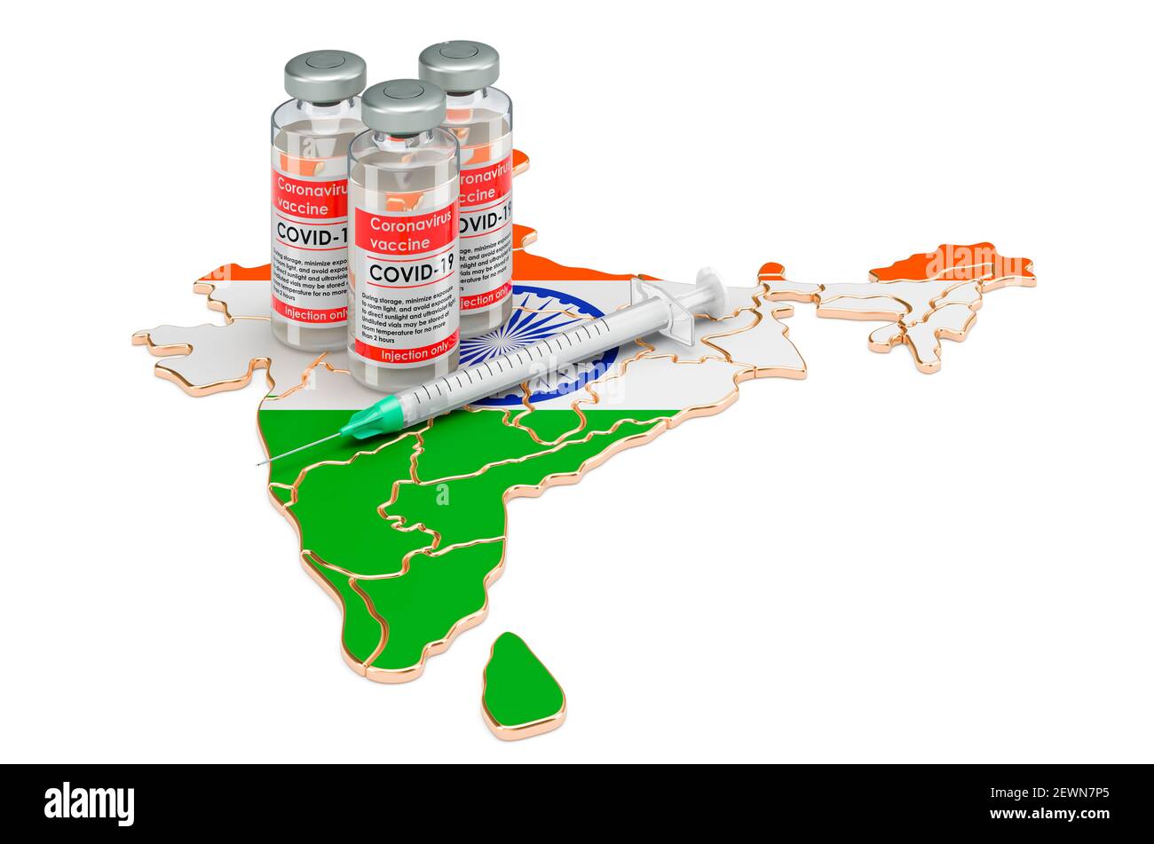 Impfstoff und Spritze mit indischer Karte. Impfung in Indien Konzept, 3D Rendering isoliert auf weißem Hintergrund Stockfoto