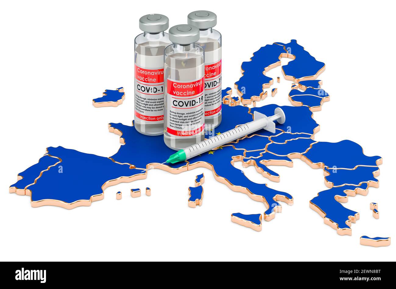 Impfstoff und Spritze mit der EU-Karte. Impfung im EU-Konzept, 3D isoliert auf weißem Hintergrund Stockfoto