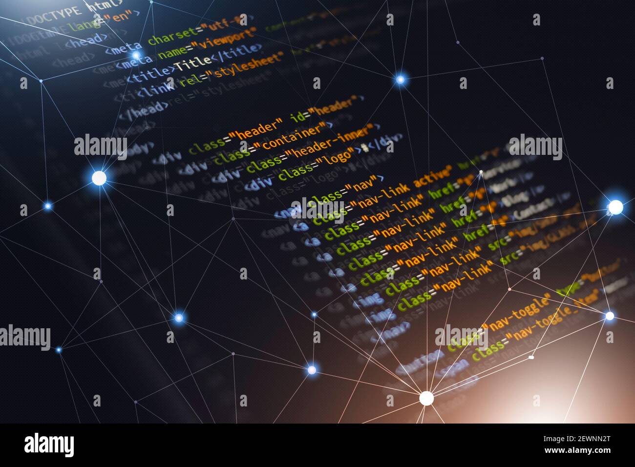 html-Programmierung Web-Codierung Front-End-Entwicklungssprache für Website. Mixed-Media-Hintergrund Stockfoto