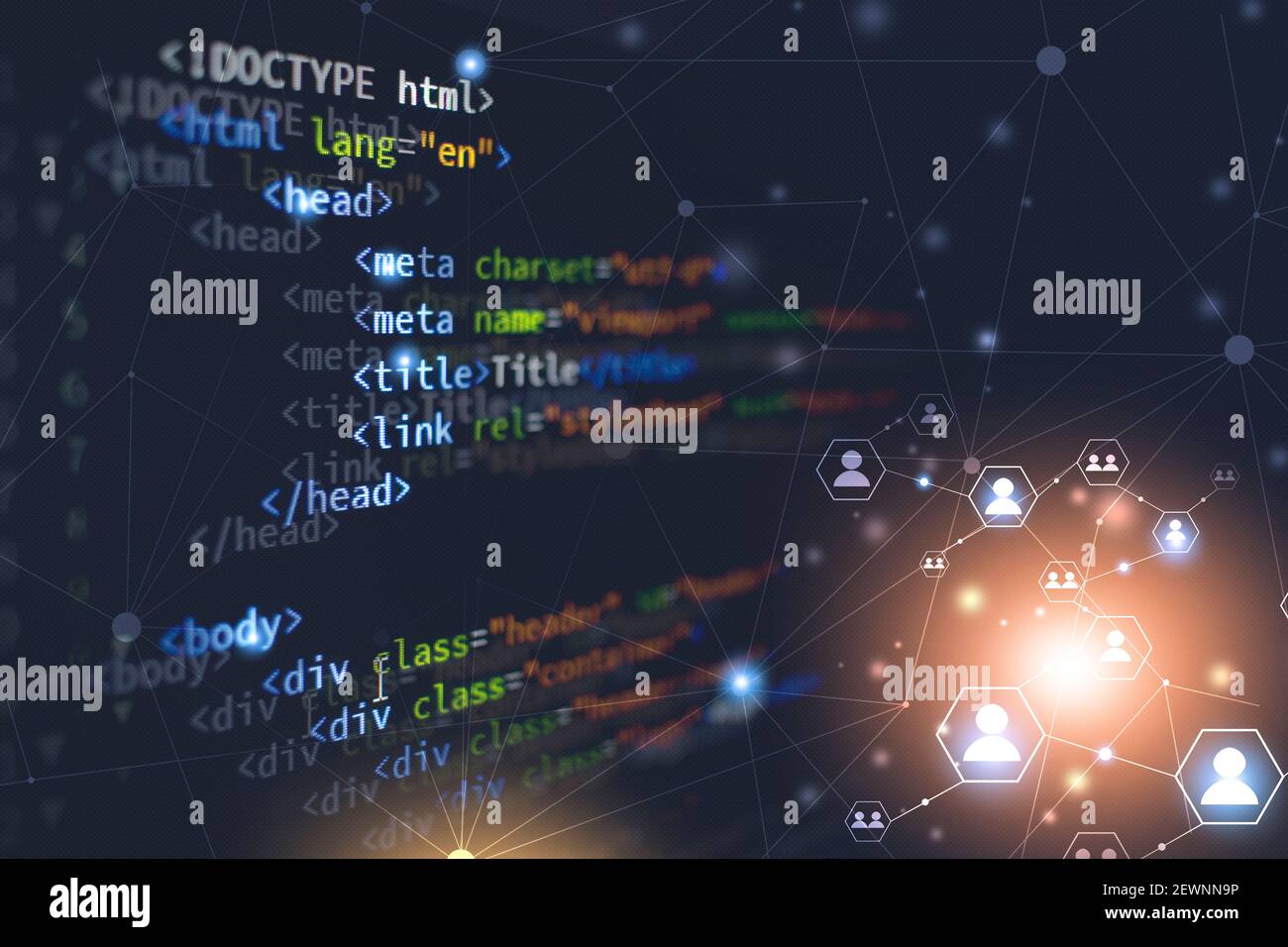 html Programmierung Web Front-End Entwicklung Computer-Codiersprache für Webseite. Mixed Media Hintergrund Stockfoto
