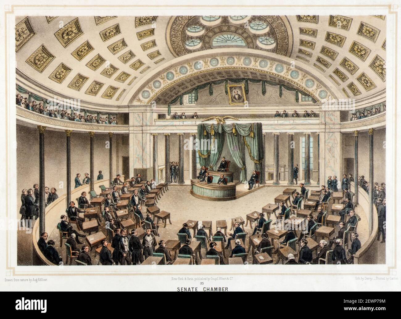 19th. Jahrhundert Innenansicht der Senatskammer der Vereinigten Staaten, US Capitol, Washington DC, Druck von Isidore Laurent Deroy nach Augustus Kollner, um 1850 Stockfoto