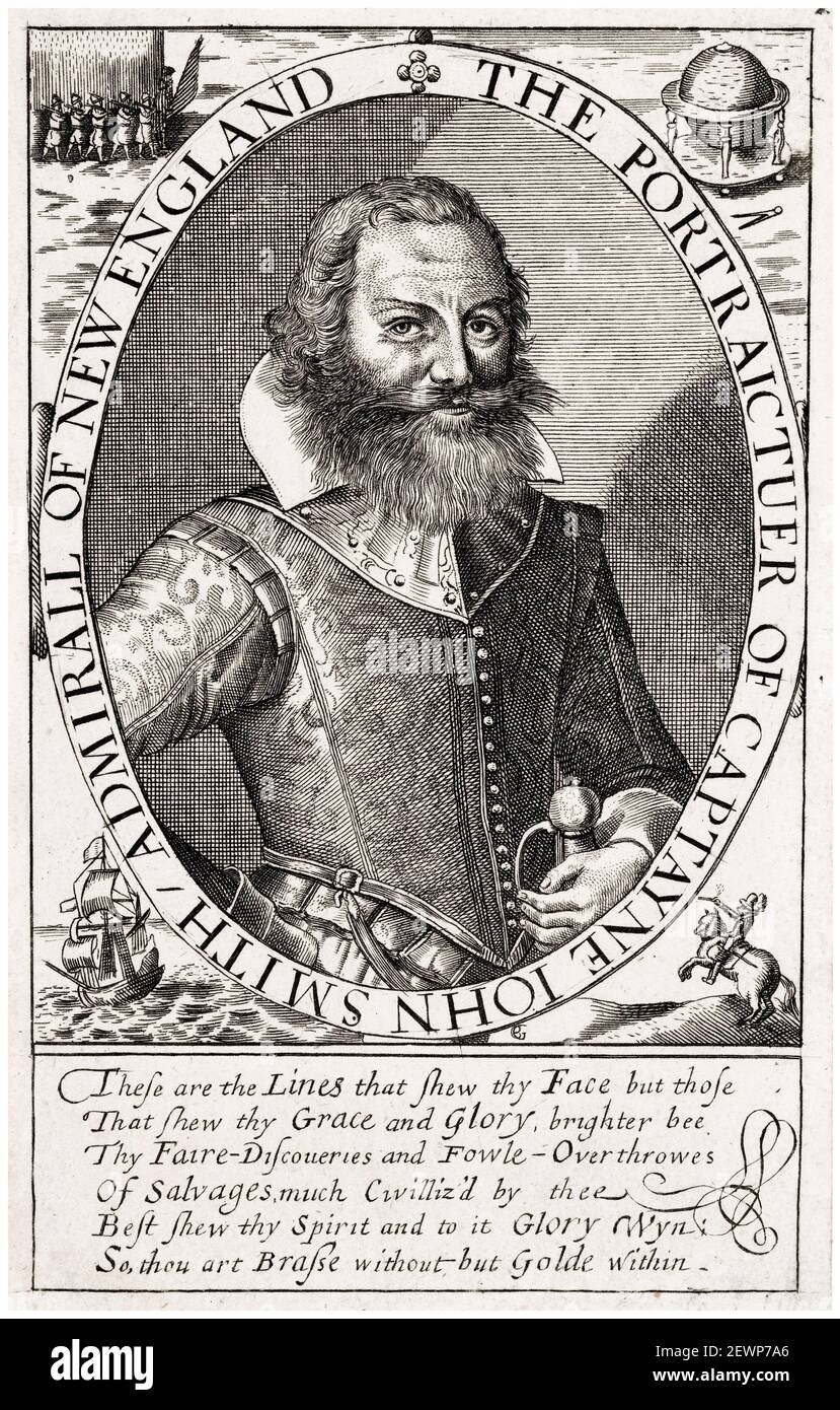 John Smith (1579/80-1631), englischer Soldat, Entdecker, Kolonialgouverneur, Admiral von Neuengland, Porträtstich möglicherweise nach Simon van de Passe, um 1617 Stockfoto