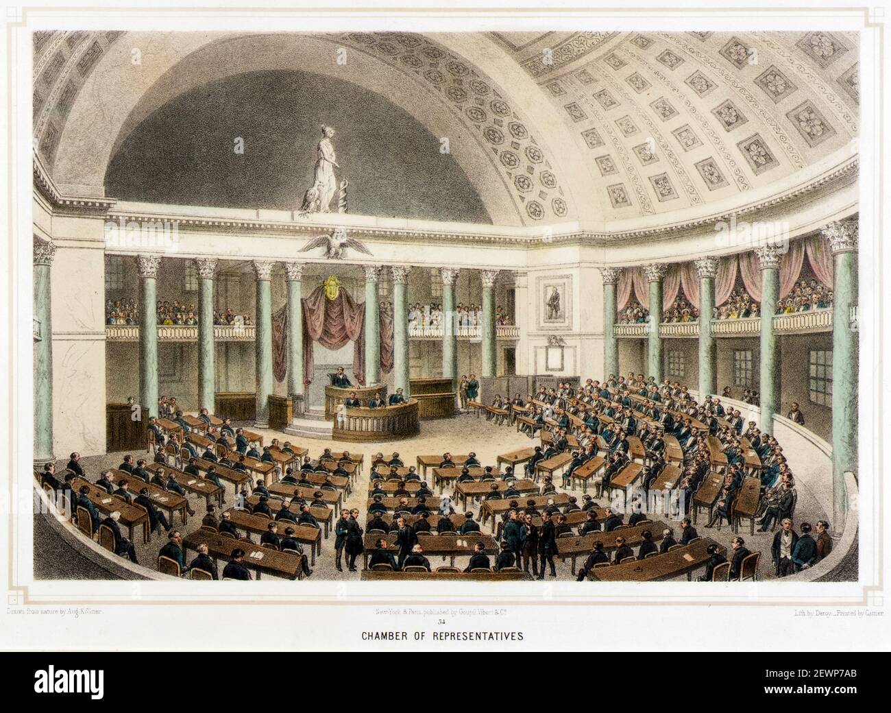 19th Jahrhundert Innenansicht des Repräsentantenhauses der Vereinigten Staaten, US Capitol, Washington DC, Druck von Isidore Laurent Deroy, nach Augustus Kollner, um 1850 Stockfoto