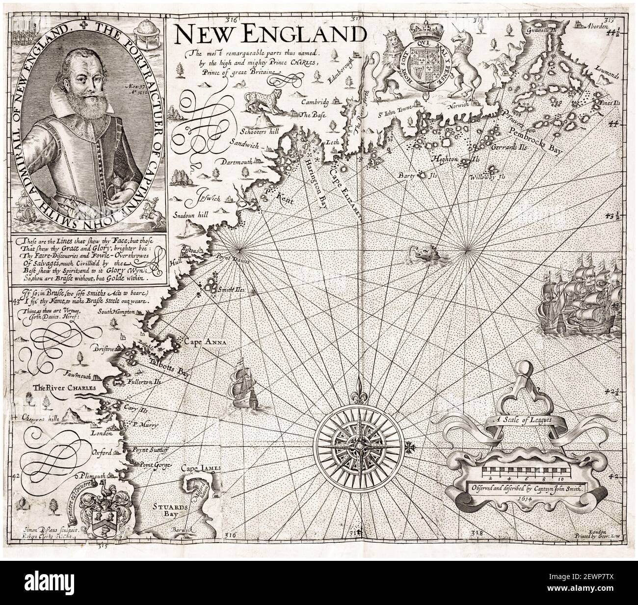 Karte von Virginia, Neuengland und den Sommerinseln aus dem frühen 17th. Jahrhundert, mit einem Porträt von John Smith, Admiral von Neuengland, Karte nach John Smith, 1624 Stockfoto