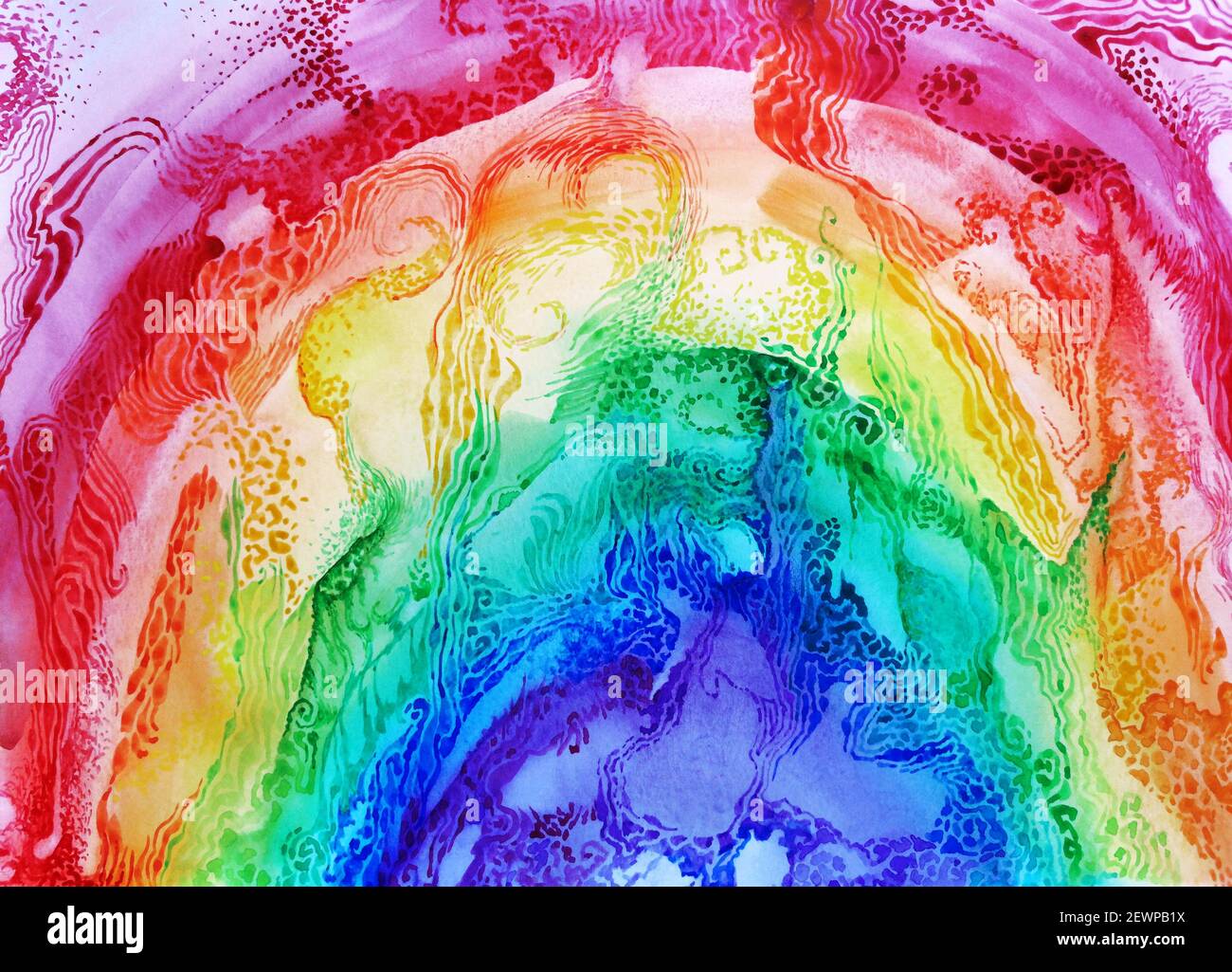 Aquarell Regenbogen Himmel Hintergrund. Textur Pinsel malen Zeichnung. Künstlerisch farbenfrohes, lebendiges Stoffdesign. Kinder textile Glück Konzept helle Farbe Stockfoto