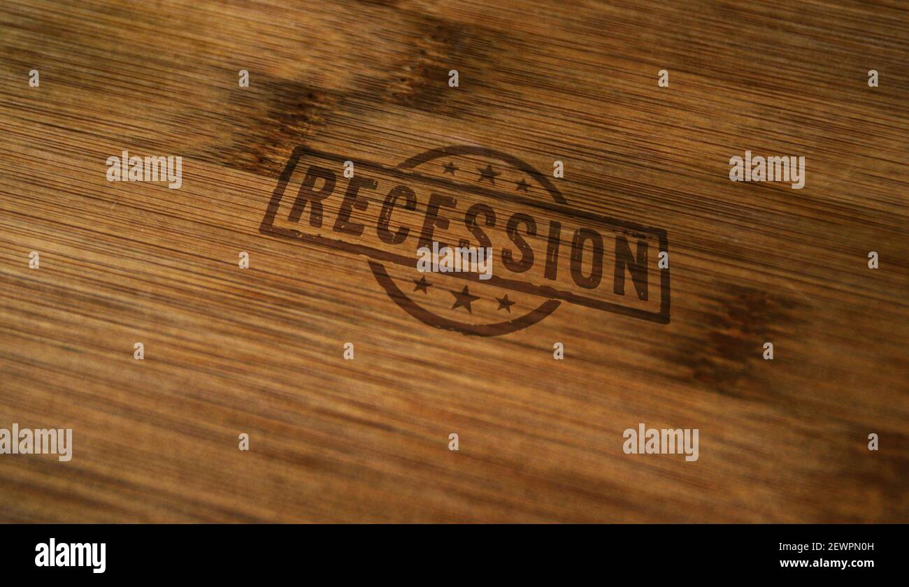 Rezessionsstempel auf Holzkiste gedruckt. Globale Depression, Nische Risiko, Wirtschaft und Finanzen Konzept. Stockfoto