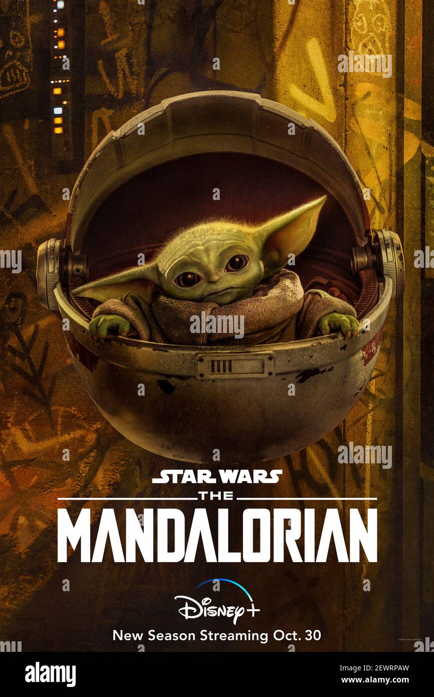 Star Wars: The Mandalorian (2020) Staffel 2 erstellt von Jon Favreau und mit Grogu ('Baby Yoda') in den fortlaufenden Abenteuern eines einzigen Kopfgeldjägers. Stockfoto