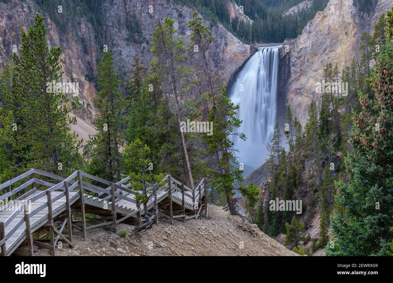 Treppen führen zu den Lower Falls des Grand Canyon, Yellowstone National Park, UNESCO Weltkulturerbe, Wyoming, USA Stockfoto