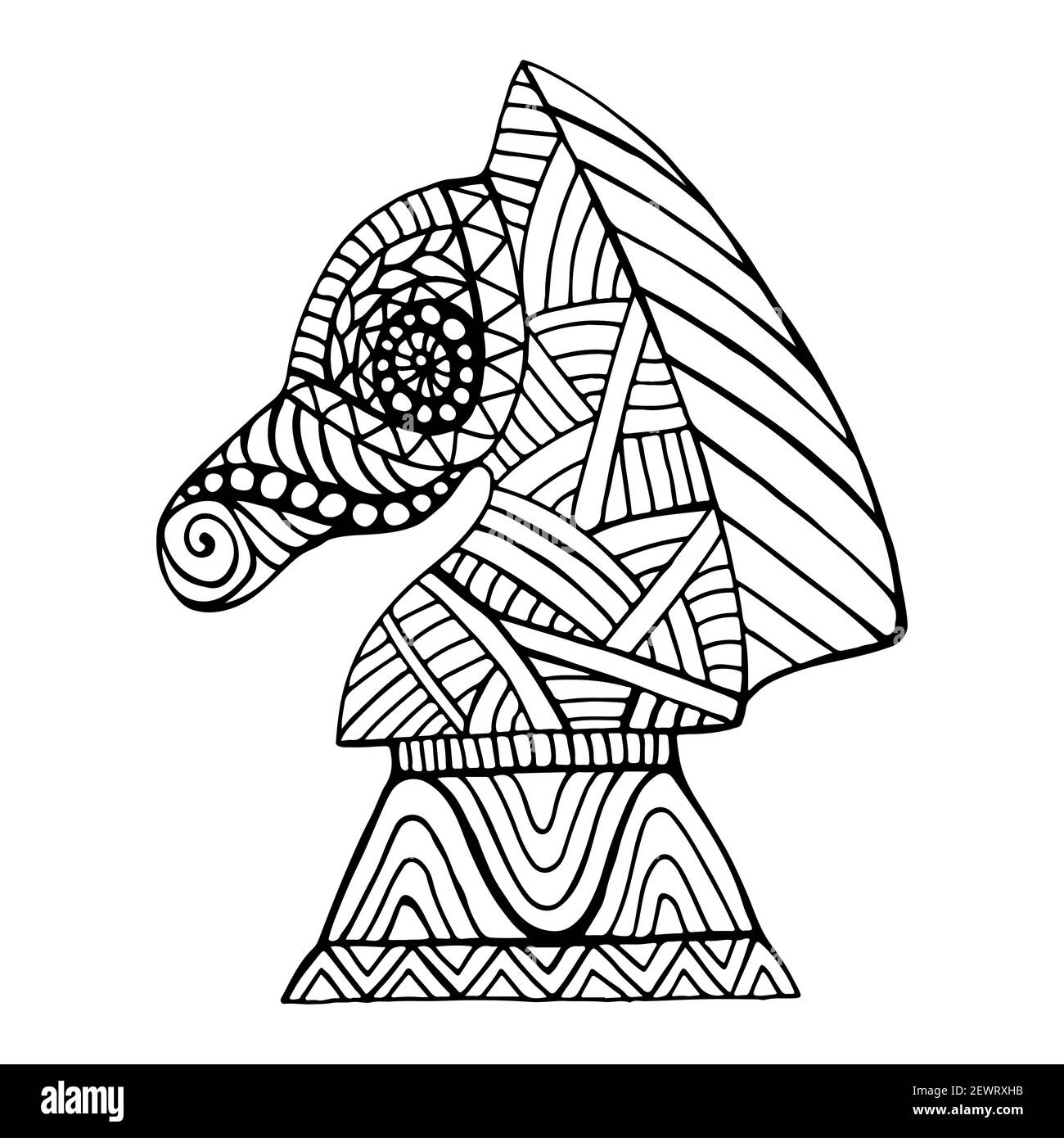 Pferdeschachstück mit vielen dekorativen Mustern im Doodle-Stil Malbuch für Erwachsene und Kinder, Umriss in schwarzer Tinte isoliert auf weiß. Stock Vektor