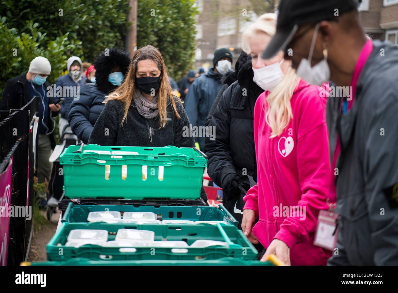 Freiwillige organisieren Essen in der Ringcross Foodbank im Norden Londons, wo Wildwild, die normalerweise in einige der besten Restaurants des Landes gegangen wäre, verteilt wird. Die Hirschpopulation ist während der Aussperrung auf über 2 Millionen gestiegen, das höchste Niveau seit über 1.000 Jahren, hauptsächlich aufgrund von Restaurantschließungen. Bilddatum: Mittwoch, 3. März 2021. Stockfoto