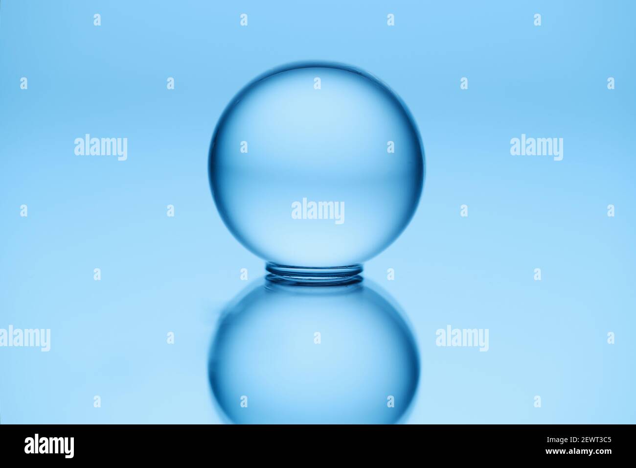 Ein einzelner Orbeez, auch bekannt als Wasserkugel, voller Wasser vor blauem Hintergrund Stockfoto