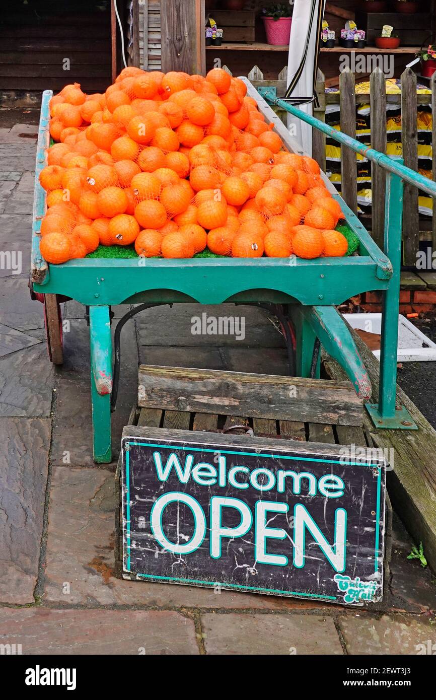 Grüne Lebensmittelkarre vor der Eingangstür zum Farmladen Display Nabel Orangen zum Verkauf in Saitenbeutel mit Welcome Open schild Corvid 19 Lockdown Essex UK Stockfoto