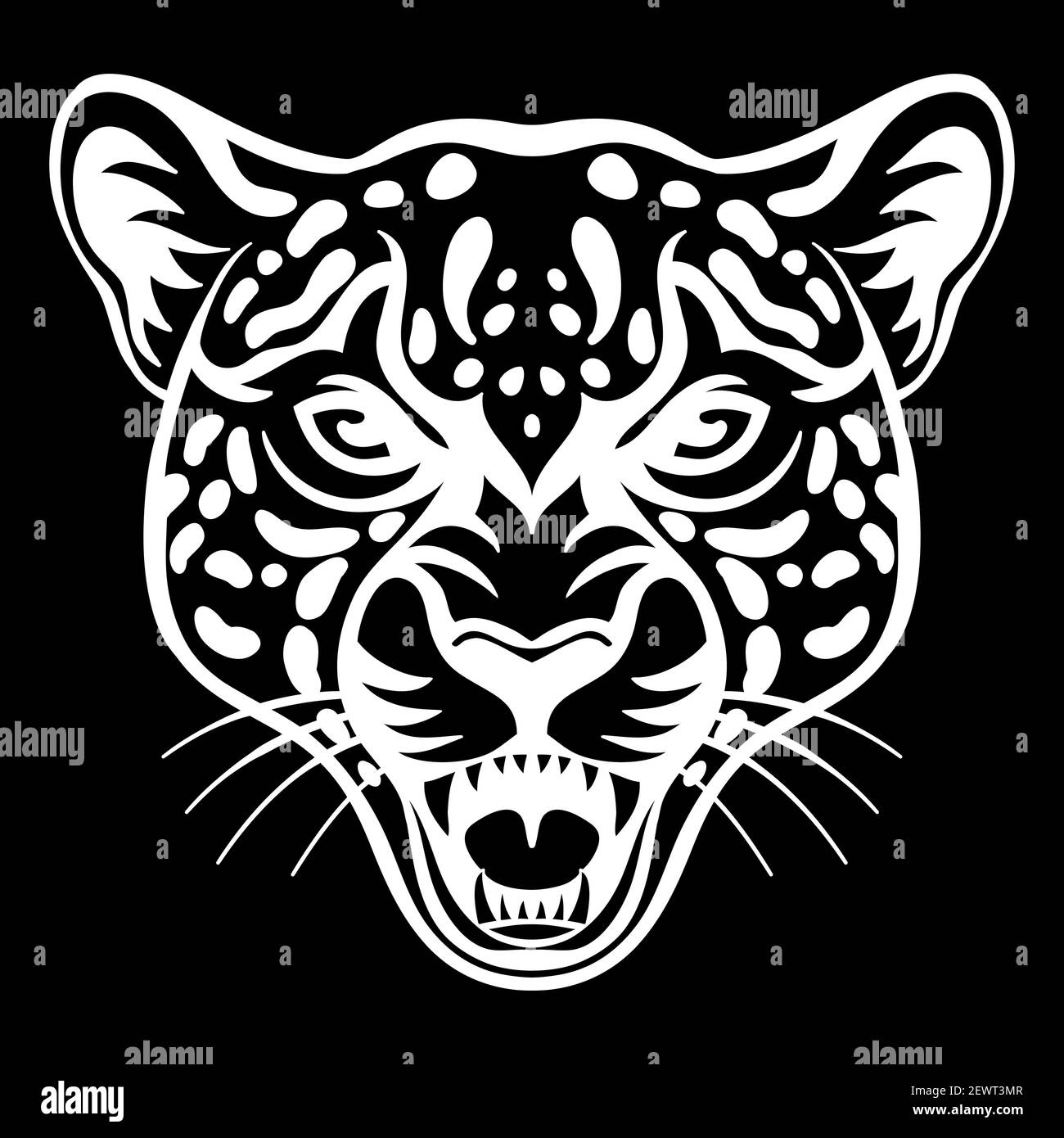 Mascot. Vektorkopf von Cougar. Weiße Illustration der Gefahr wilde Katze isoliert auf schwarzem Hintergrund. Für Dekoration, Druck, Design, Logo, Sportvereine, t Stock Vektor