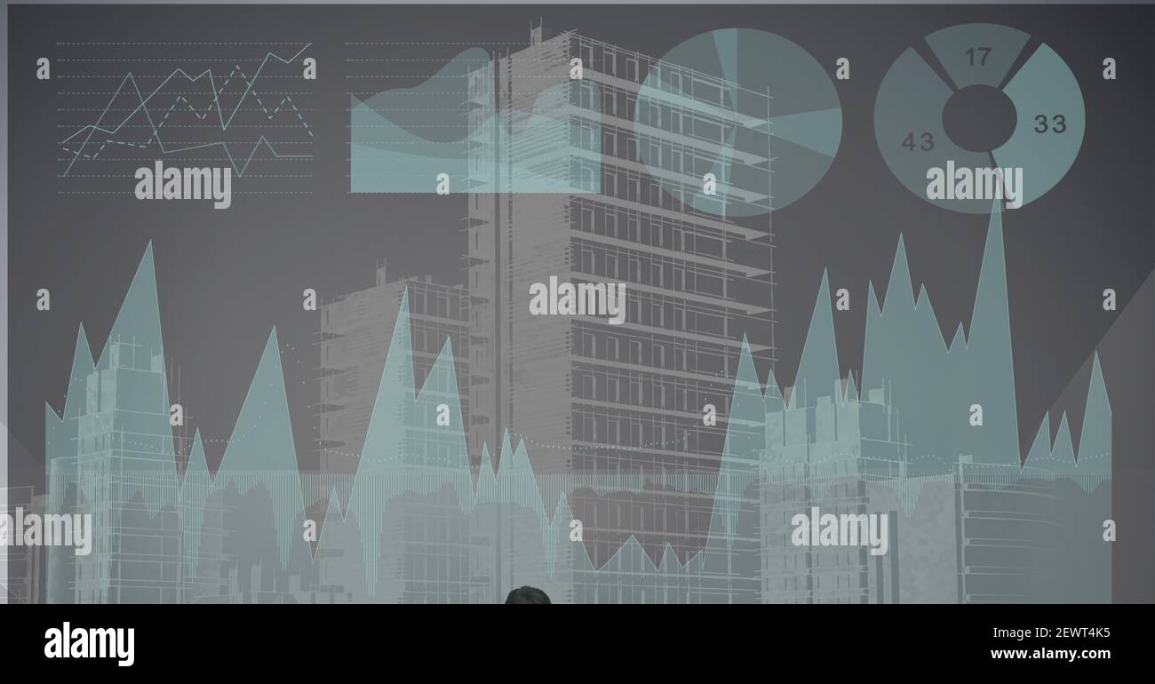 Finanzdatenverarbeitung Statistiken Aufnahme über moderne Stadtlandschaft im Hintergrund Stockfoto