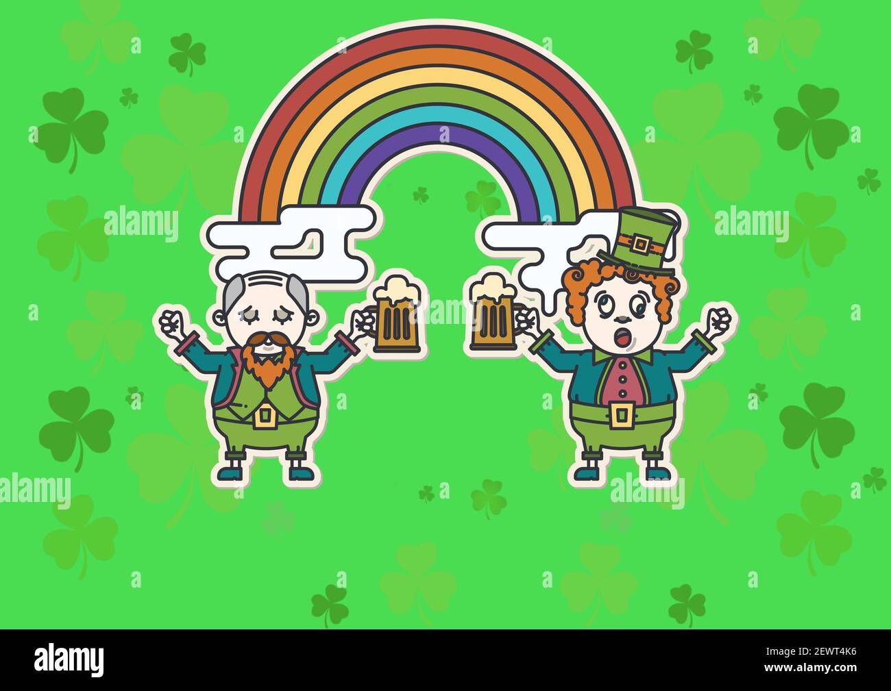 Leprechauns halten Biere über Regenbogen und grüne Kleeblätter Muster auf Grüner Hintergrund Stockfoto