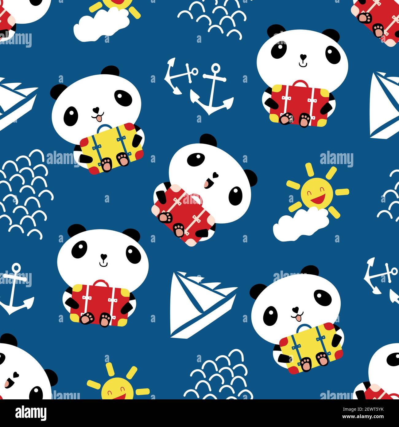 Süßer Kawaii Panda mit Koffern, Ankern, Booten, Wellen. Nahtloser Hintergrund für Vektormuster. Cartoon Bären halten Reisegepäck mit Segelwerkzeugen Stock Vektor