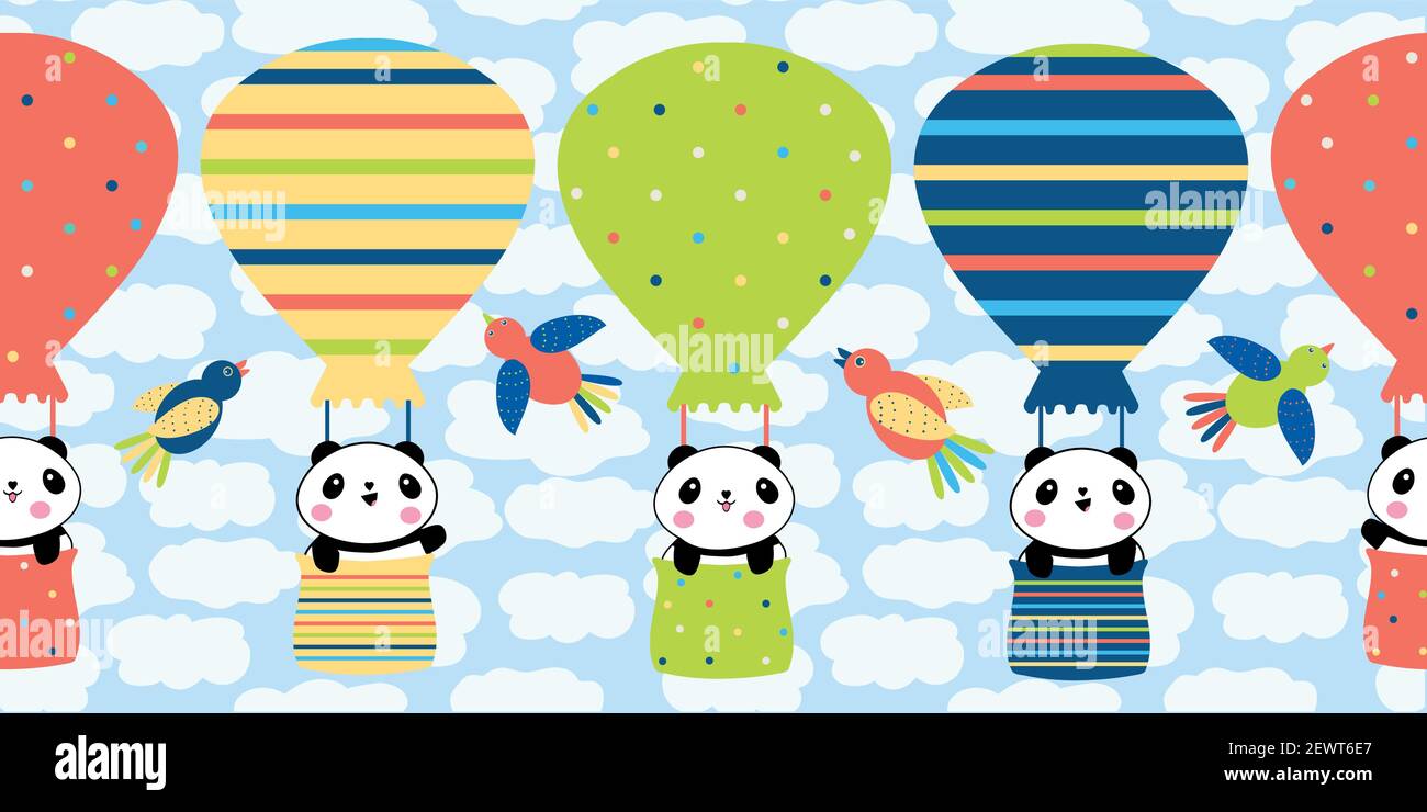 Cute Kawaii Panda Reisen in Heißluftballons nahtlose Vektor-Grenze. Helles mehrfarbiges Banner mit Zeichentrickbären und Vögeln gegen flauschige Wolken Stock Vektor