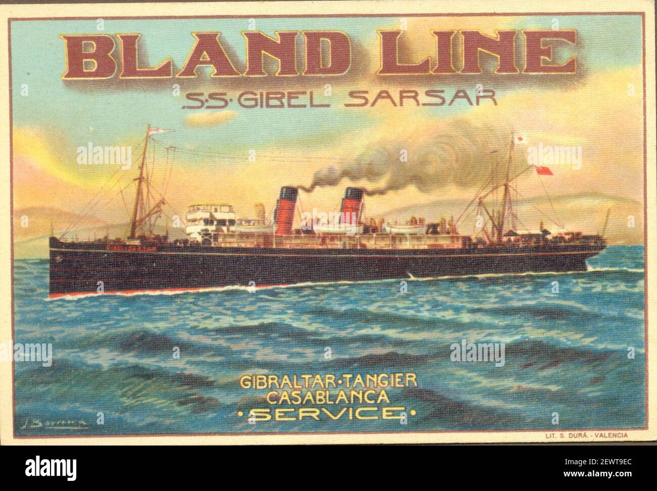 Werbepostkarte von S S Gibel Sarsar auf Bland Line Zwischen Gibraltar und Tanger um 1912 Stockfoto