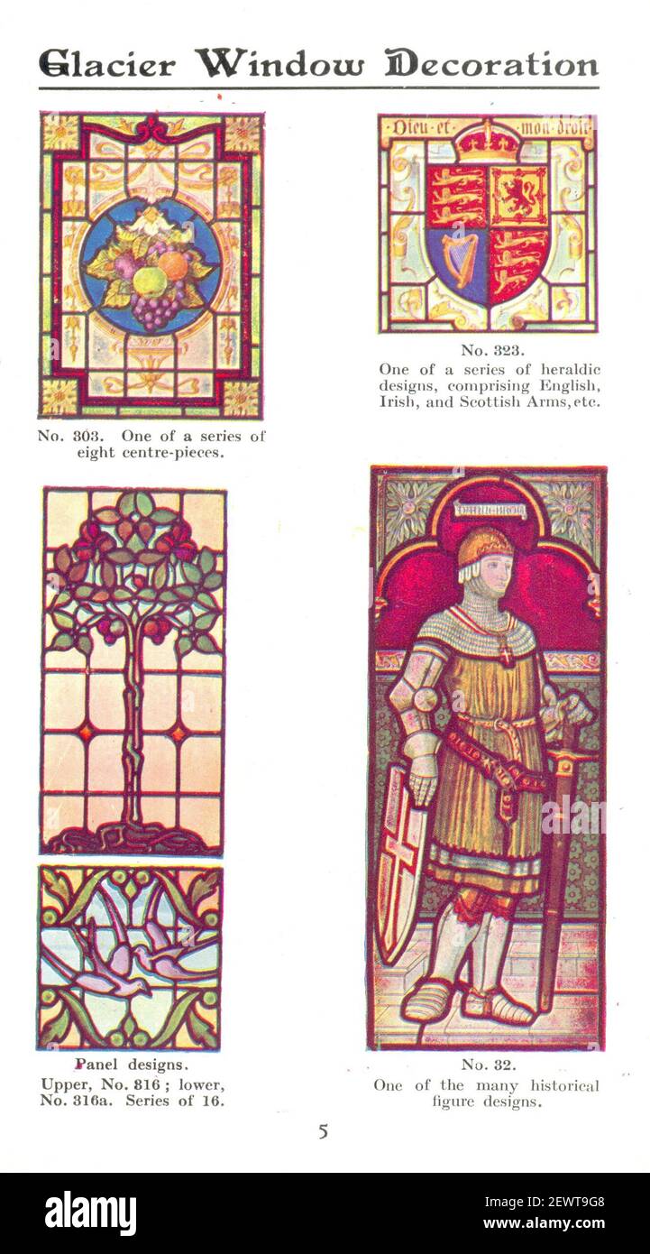 Beispielseiten aus dem Werbeheft für Glacier Window Decoration, herausgegeben von M'Caw, @Stevenson & Orr Ltd, Belfast um 1925 Stockfoto