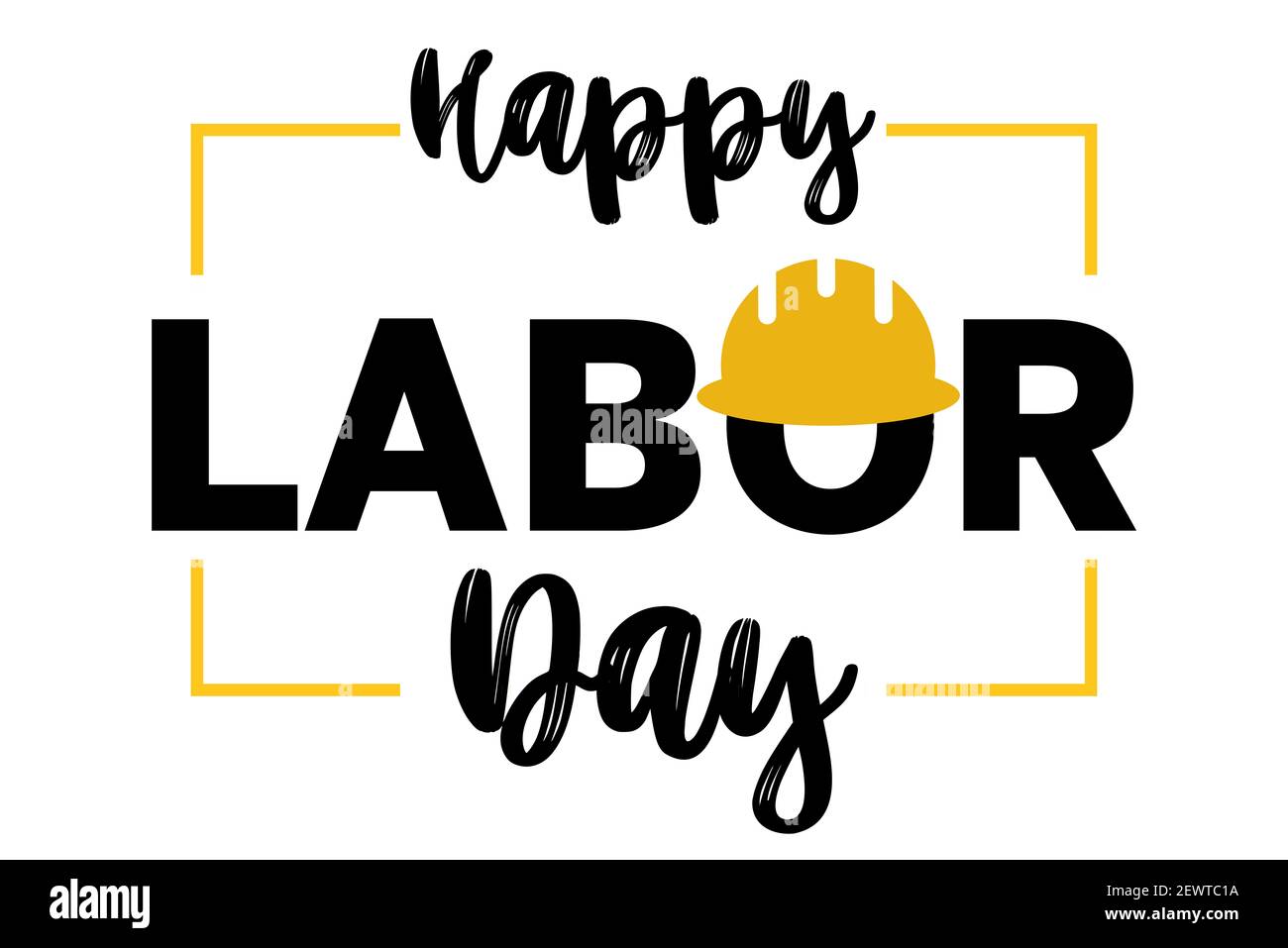 Happy Labor Day 1st Mai Schriftzug mit Helm auf weißem Hintergrund. Arbeitskarte. Internationale Arbeiter Tag Illustration für Grußkarte. USA. Stockfoto