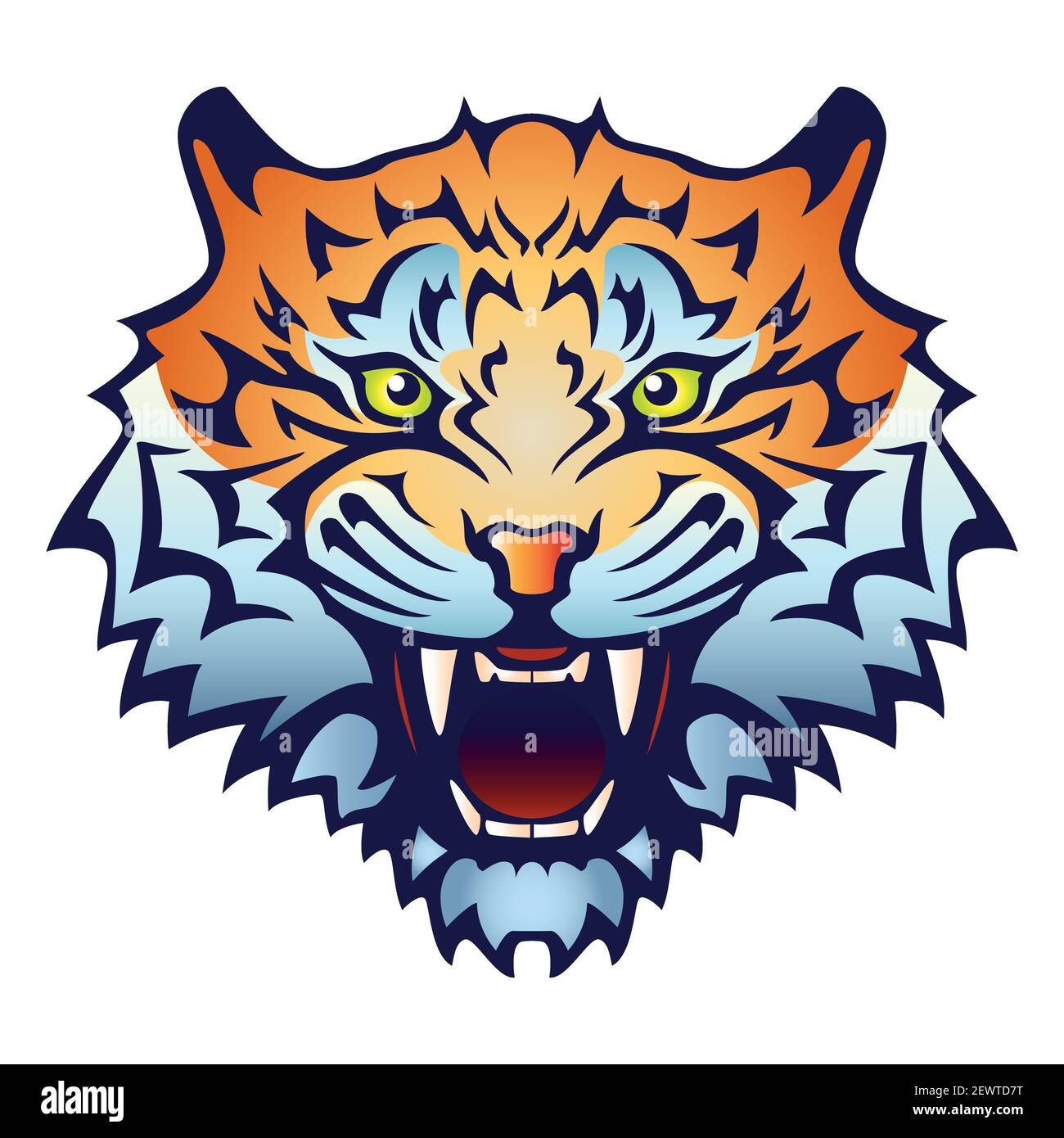 Tigerkopf mit offenem Mund und entblößter Fangzähne - Farbvektordarstellung, isoliert auf weißem Hintergrund Stock Vektor