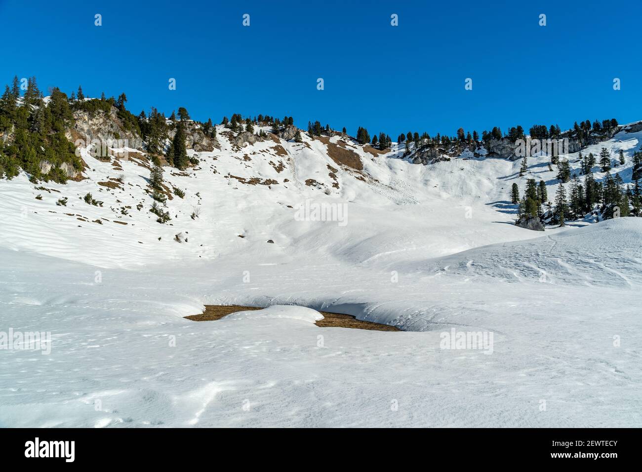 Interessante Schneeoberflächen und Formen, Bäumen und Bergen. Winterwunderland mit interessanten Schneeflächen und Formen, Bäumen und österreichischem Berg Stockfoto