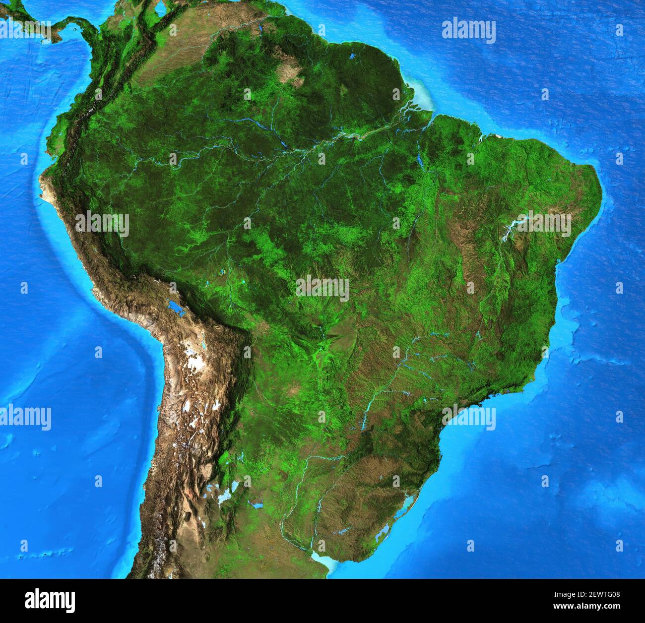 Physische Karte von Brasilien. Geographie und Topographie des Amazonas-Regenwaldes. Detaillierte flache Ansicht des Planeten Erde - Elemente von NASA Stockfoto