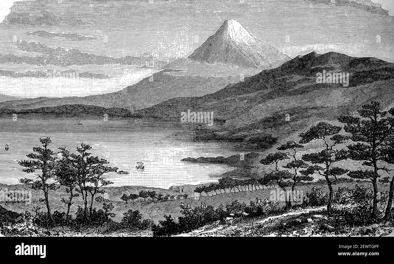 Fujijama Mountain in Japan in 1880 / der Fujijama Berg in Japan im Jahr 1880, Historisch, historisch, digital verbesserte Reproduktion eines Originals aus dem 19th. Jahrhundert / digitale Produktion einer Originalvorlage aus dem 19. Jahrhundert, Stockfoto