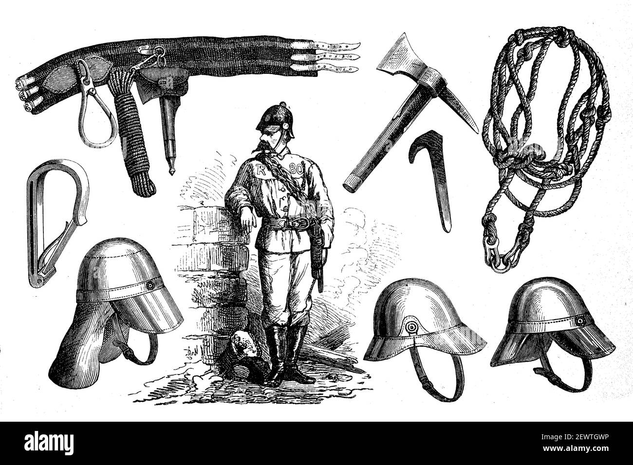 Feuerwehr, Feuerwehrmann mit Ausrüstung, Klettergurt, Rettungsseil und diverse Helme, Illustration von 1880 / Feuerwehr, Feuerwehrmann mit Ausrüstung, Steigergurt, Rettungstau und verschiedene Helme, Illustration aus 1880, Historisch, historisch, digital verbesserte Reproduktion eines Originals aus dem 19th. Jahrhundert / digitale Reproduktion einer Originalvorlage aus dem 19. Jahrhundert, Stockfoto