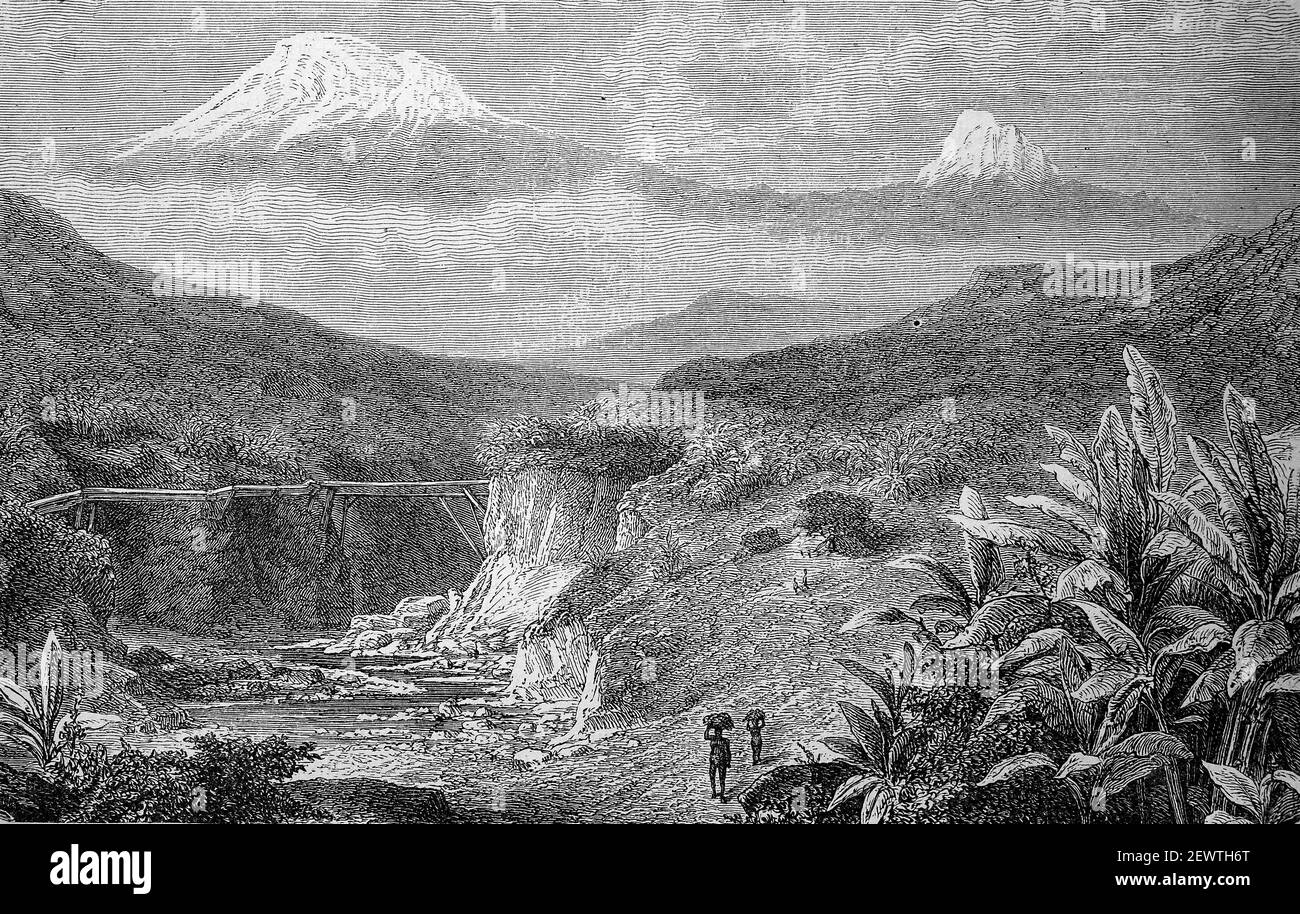 Blick auf den Kilimandscharo, Tansania, Afrika, 1880 / Blick zum Kilimandscharo, Tansania, Afrika, im Jahr 1880, Historisch, Historische, digital verbesserte Reproduktion eines Originals aus dem 19th. Jahrhundert / digitale Reproduktion einer Originalvorlage aus dem 19. Jahrhundert, Stockfoto
