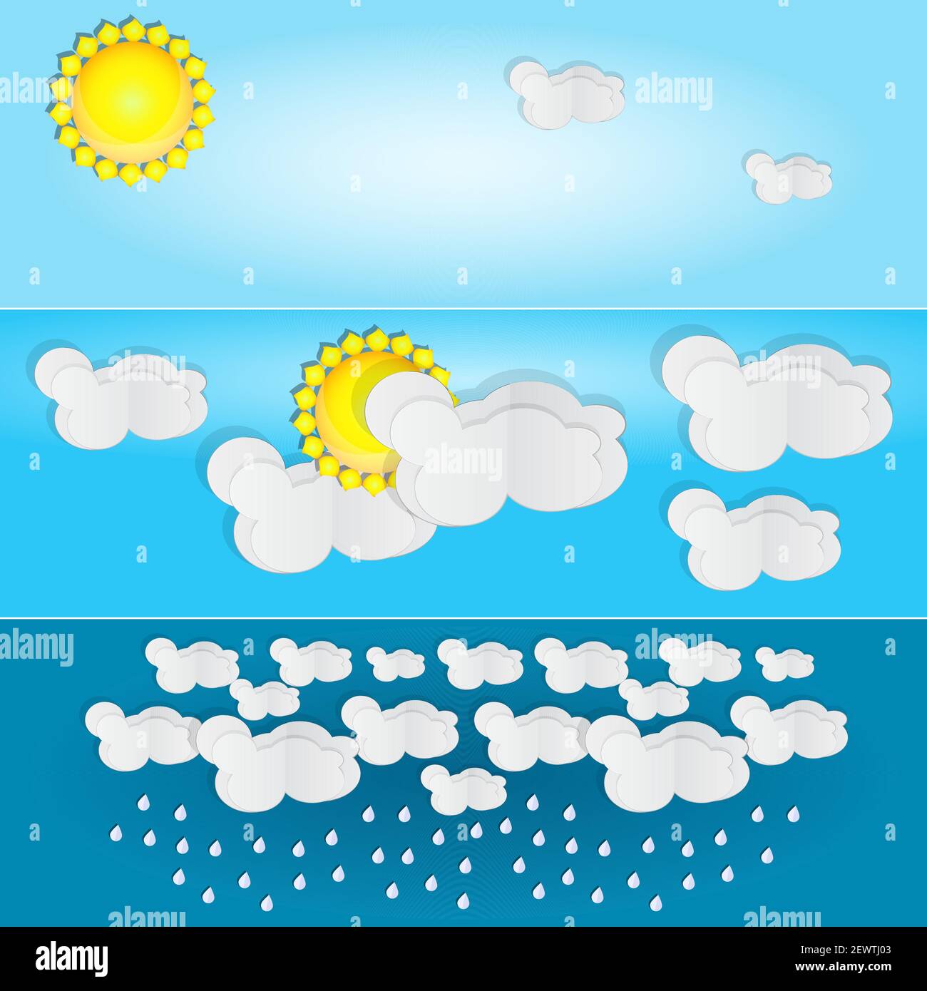 Verschiedene Wettertypen. Tag und Sommer Banner.Horizontale Plakate mit Papier Wolken für Wettervorhersage.Saison Icons.Stock Vektor Illustration Stock Vektor