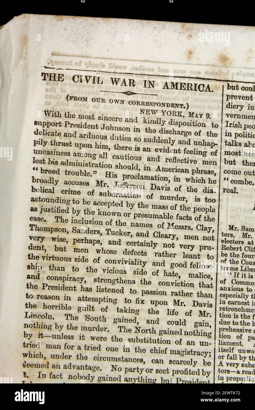 "Der Bürgerkrieg in Amerika" Artikel über die Folgen von Präsident Lincolns Ermordung, The Times Zeitung (Dienstag, 23rd. Mai 1865), London, Großbritannien. Stockfoto