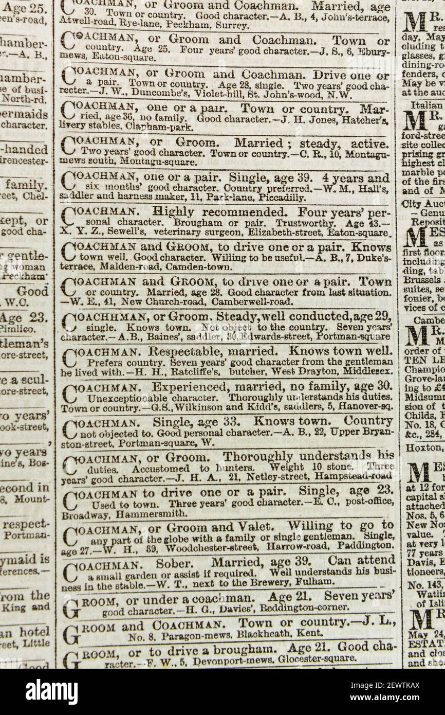 Stellenanzeigen für Kutscher (oder Grooms, Valets etc.) in der Times Zeitung (Dienstag, 23rd. Mai 1865), London, Großbritannien. Stockfoto