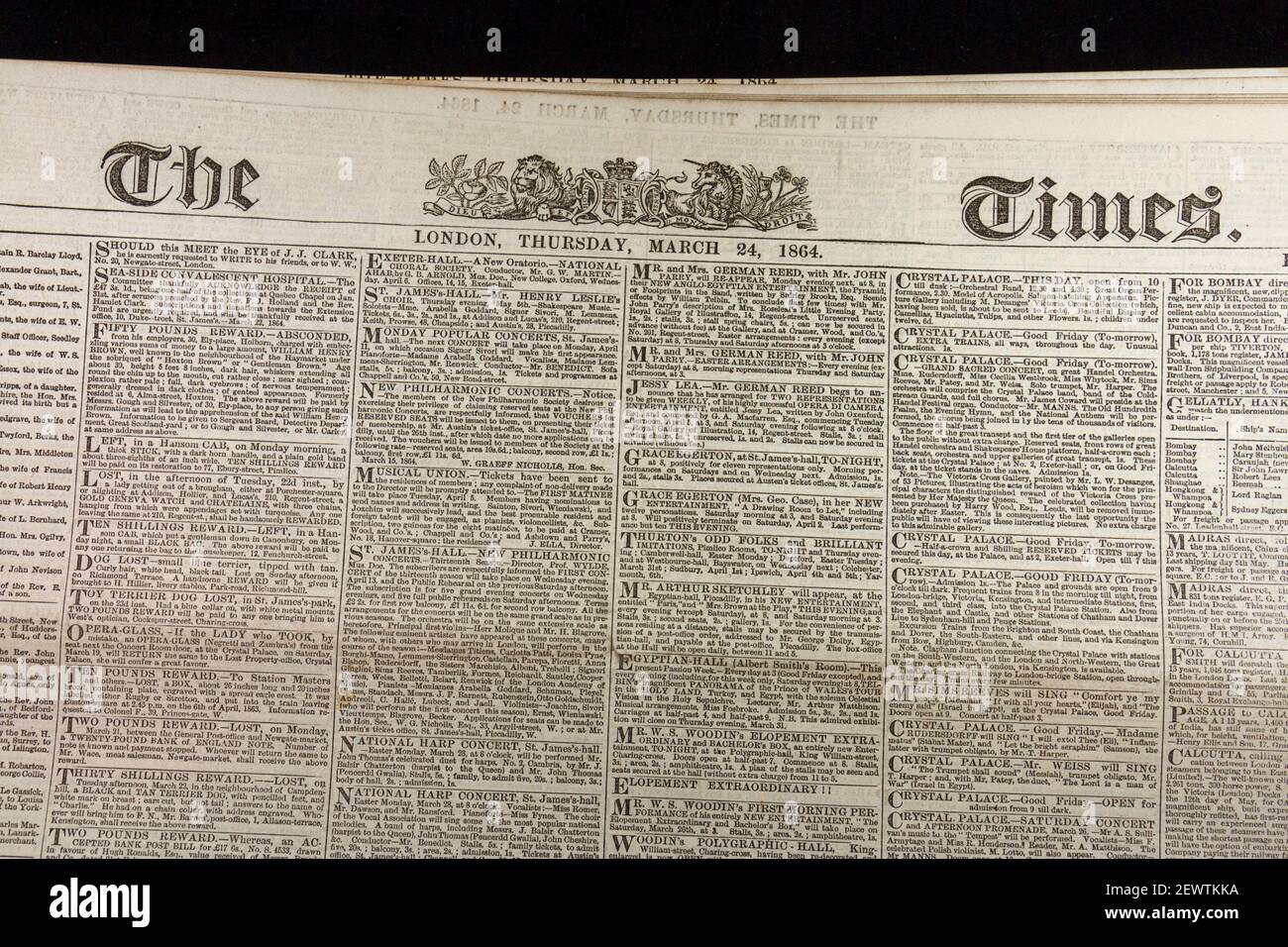 Titelseite der Times Zeitung London am Donnerstag, den 24th 1864. März. Stockfoto