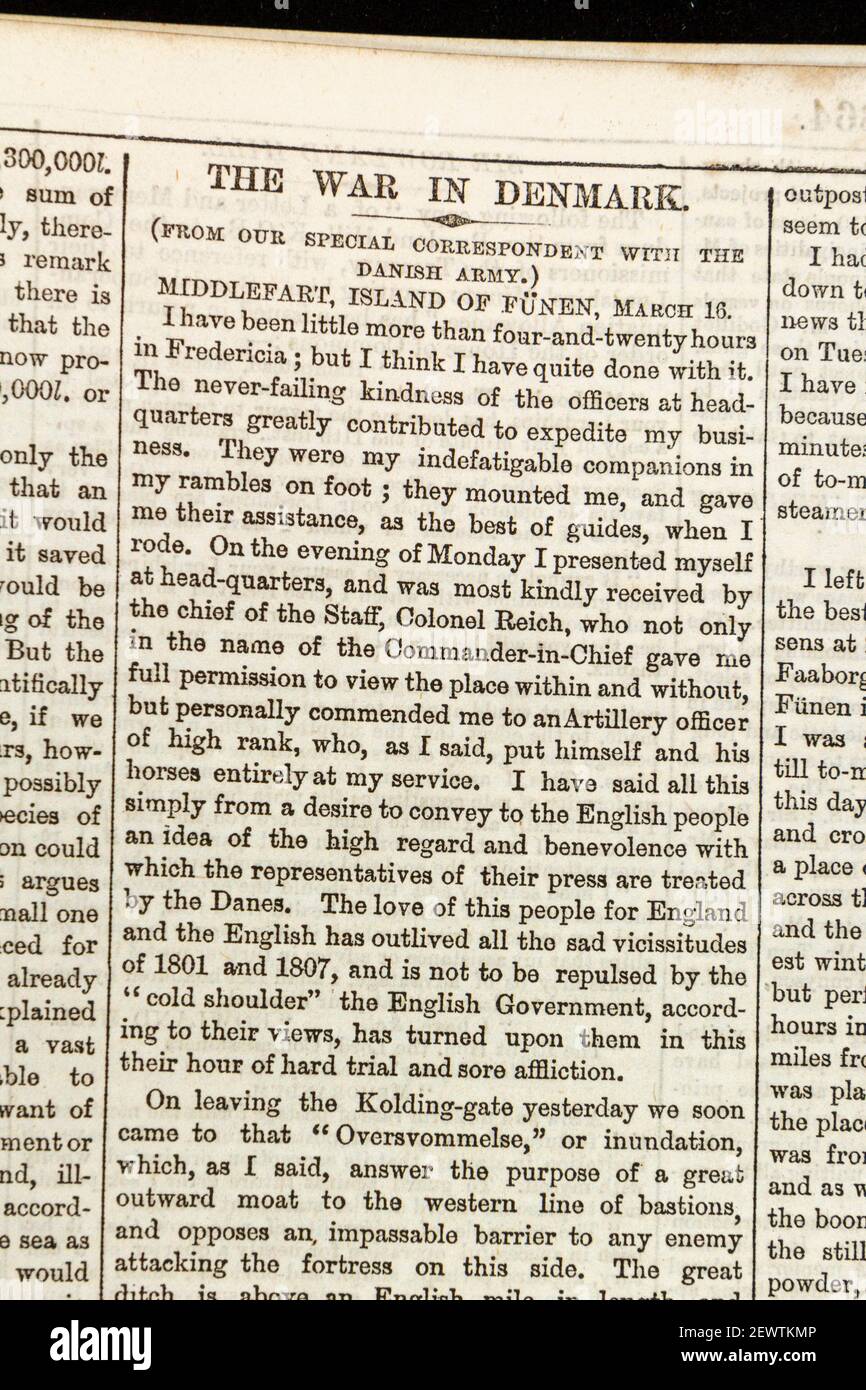 Artikel über den Krieg in Dänemark in der Zeitung The Times London am Donnerstag, den 24th 1864. März. Stockfoto