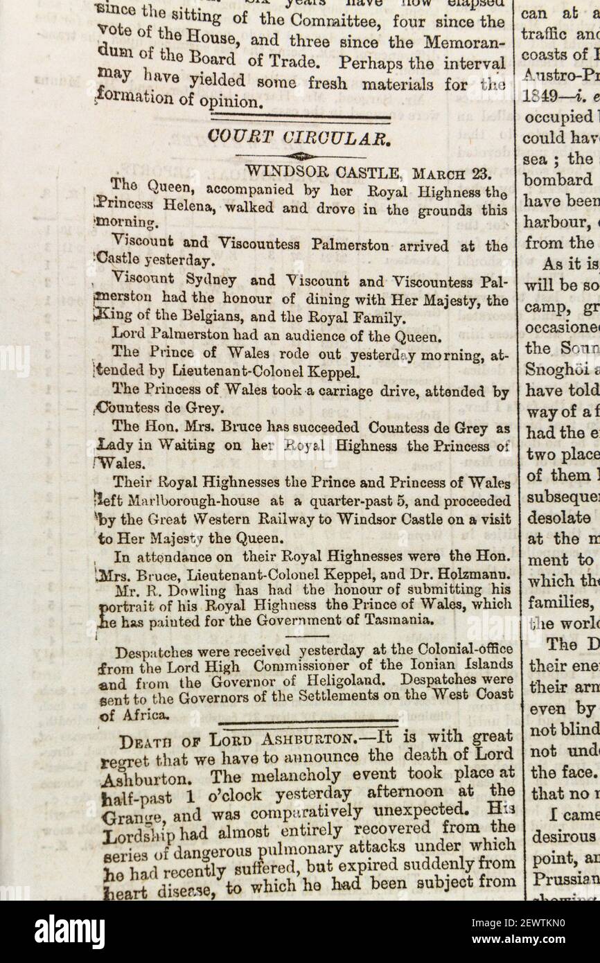 Das Gericht Rundschreiben zur Hervorhebung der Bewegung der königlichen Familie in Windsor Castle, The Times Zeitung London am Donnerstag, den 24th 1864. März. Stockfoto