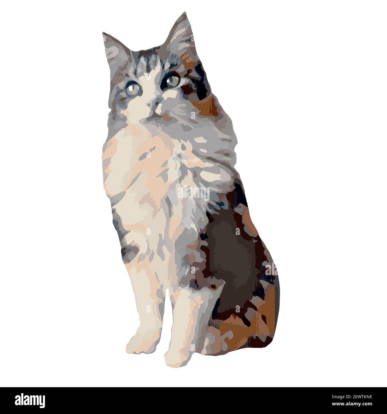 Süße flauschige Katze Illustration mit einem dreifarbigen Mantel sitzen Mit einem entzückenden Look ideal für Druckmaterial oder Verpackung Isoliert auf weißem Hintergrund Stockfoto
