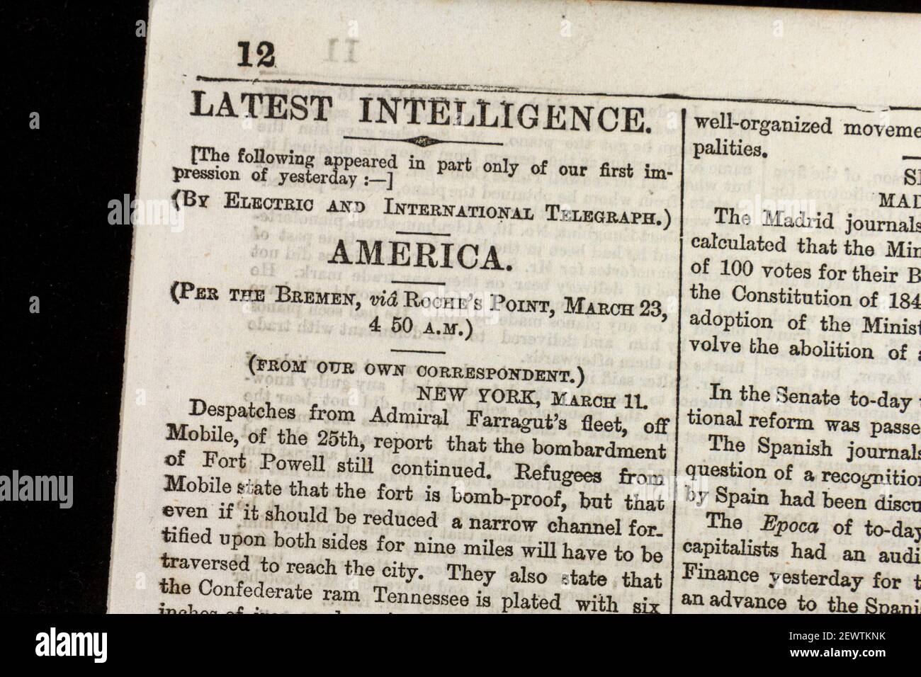 "Neueste Intelligenz" in Bezug auf die neuesten Nachrichten im amerikanischen Bürgerkrieg, die Times Zeitung London am Donnerstag, den 24th 1864. März. Stockfoto