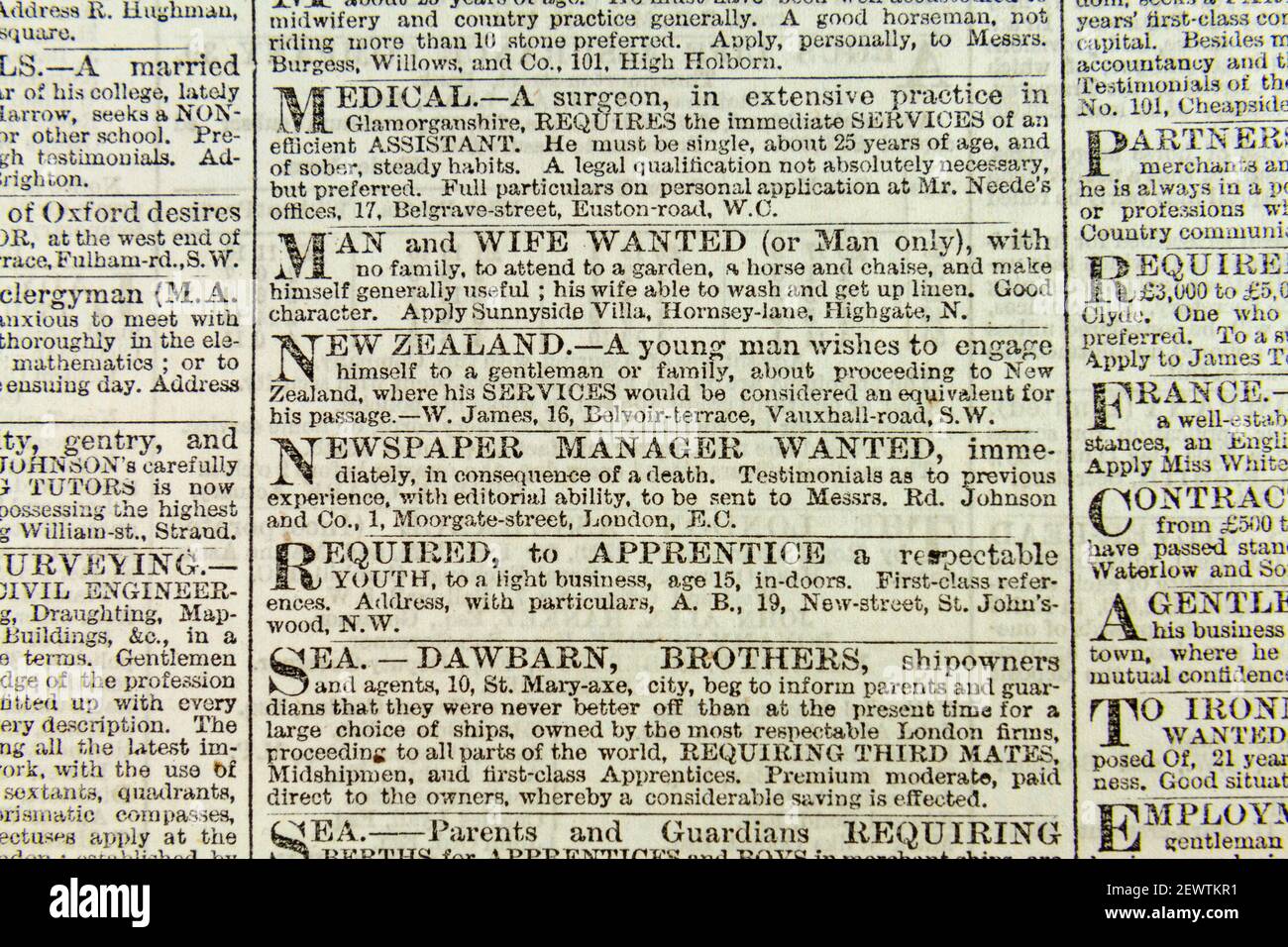 Werbung verschiedene Stellen, darunter Gärtner, Zeitungsmanager und medizinische Hilfe in der Times Zeitung London am Donnerstag, den 24th 1864. März. Stockfoto