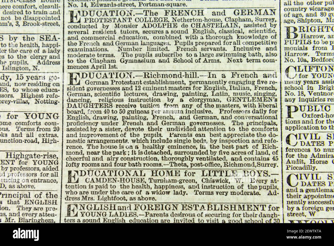Private Schulen Werbung für Schüler in der Times Zeitung London am Donnerstag, den 24th 1864. März. Stockfoto