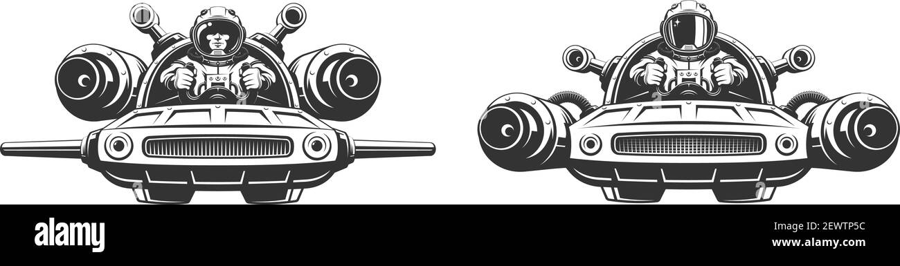 Kosmonauten-Pilot steuert scifi fliegenden Auto. Stock Vektor