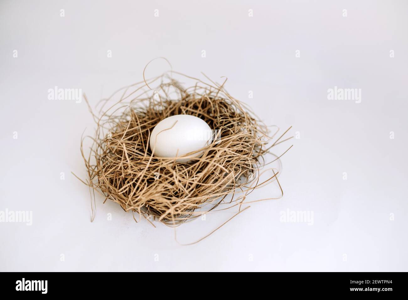 Weißes Ei in einem Nest und zwei weiße Eier auf Ein weißer Hintergrund in Nahaufnahme Stockfoto
