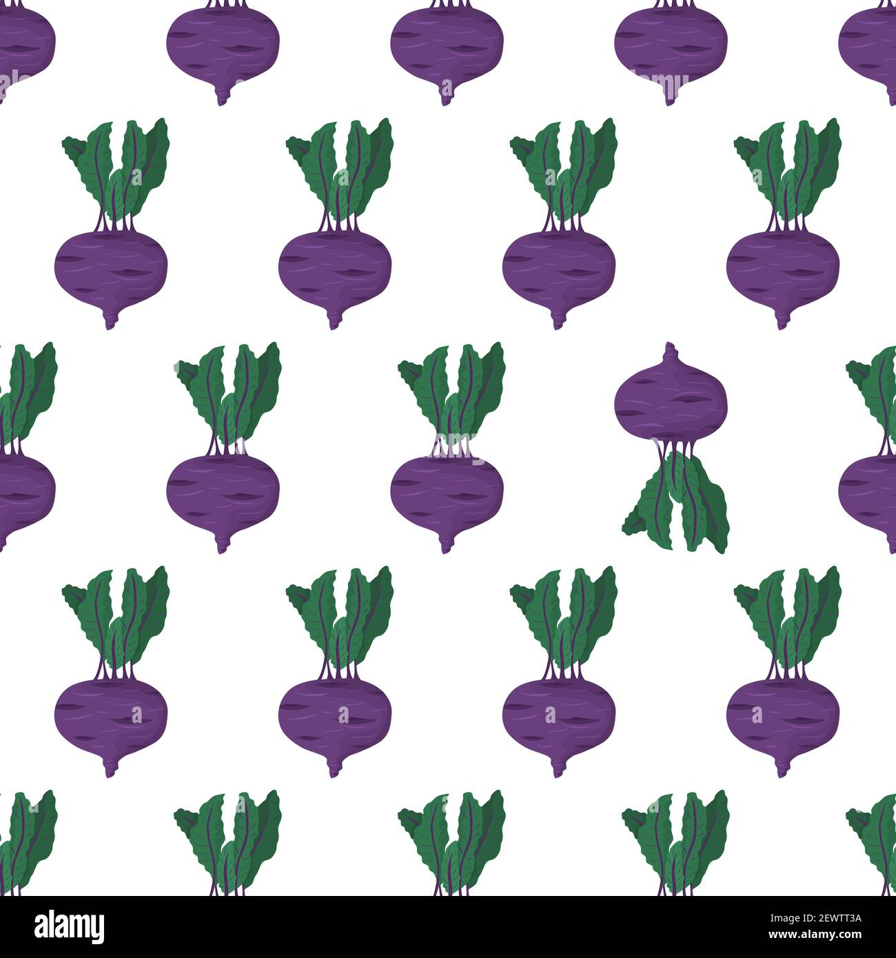 Cartoon nahtlose Muster für Papier-Design mit lila Kohlrabi Wurzel mit grünem Blatt. Farbenfroher Hintergrund. Auffälliges Element - invertiertes Gemüse. Stock Vektor