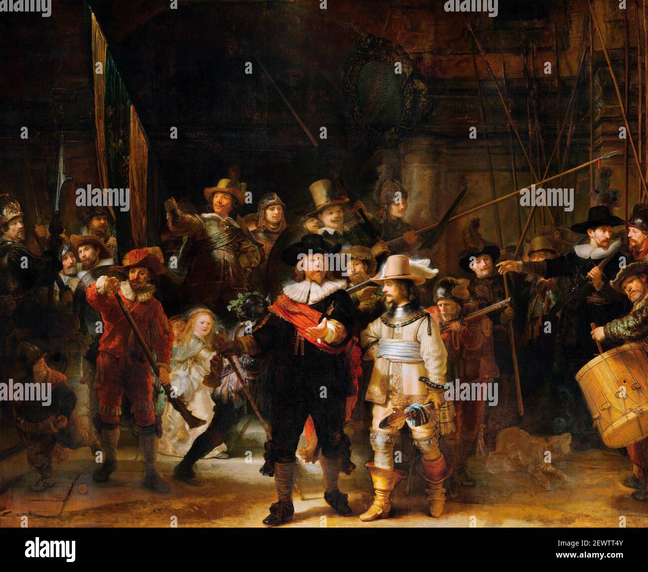 Rembrandt, Nachtwache. Gemälde mit dem Titel die Nachtwache (Milizgesellschaft des II. Bezirks unter dem Kommando von Kapitän Frans Banninck Cocq) von Rembrandt van Rijn (1606-1669), Öl auf Leinwand, 1642. Nachtwache, Rembrandt. Stockfoto