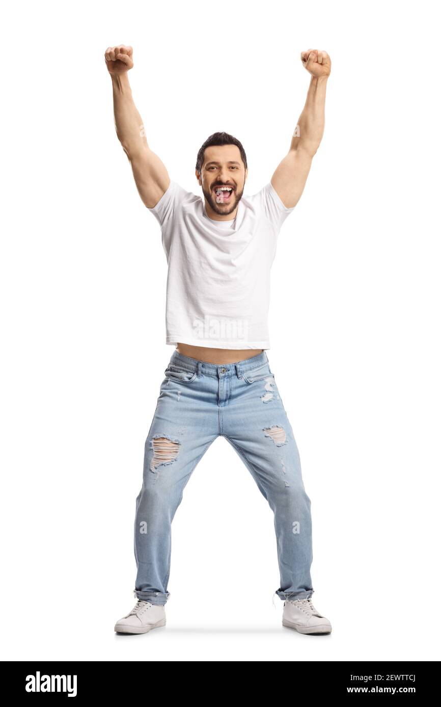 Ganzkörperportrait eines Mannes in Jeans und Weiß t-Shirt gestikulierenden Glück mit erhobenen Armen isoliert auf weißem Hintergrund Stockfoto