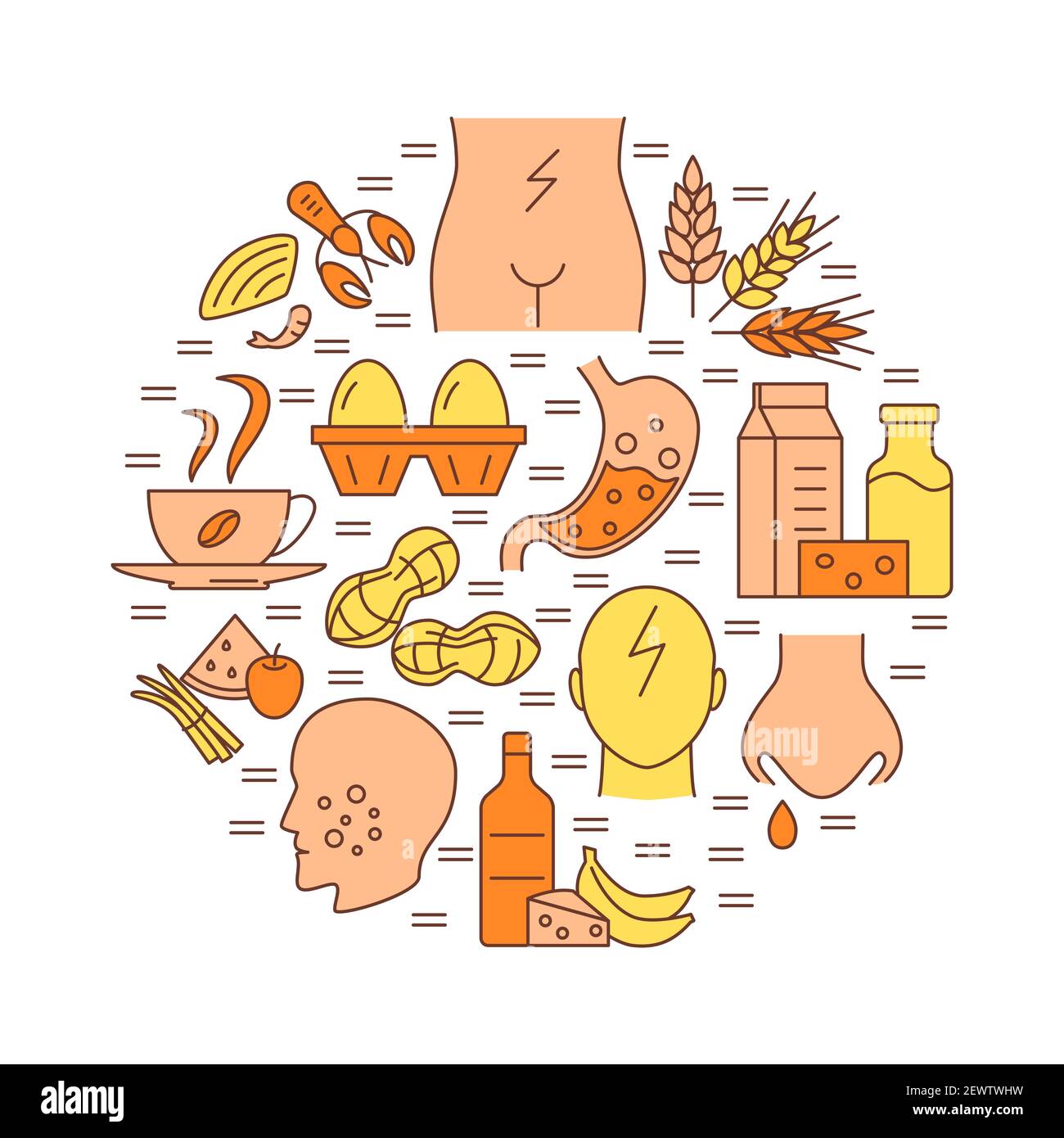 Food Sensitivity rund Konzept Poster Vorlage in Linie Stil. Banner mit Allergiesymptomen und Produktsymbolen. Vektorgrafik. Stock Vektor