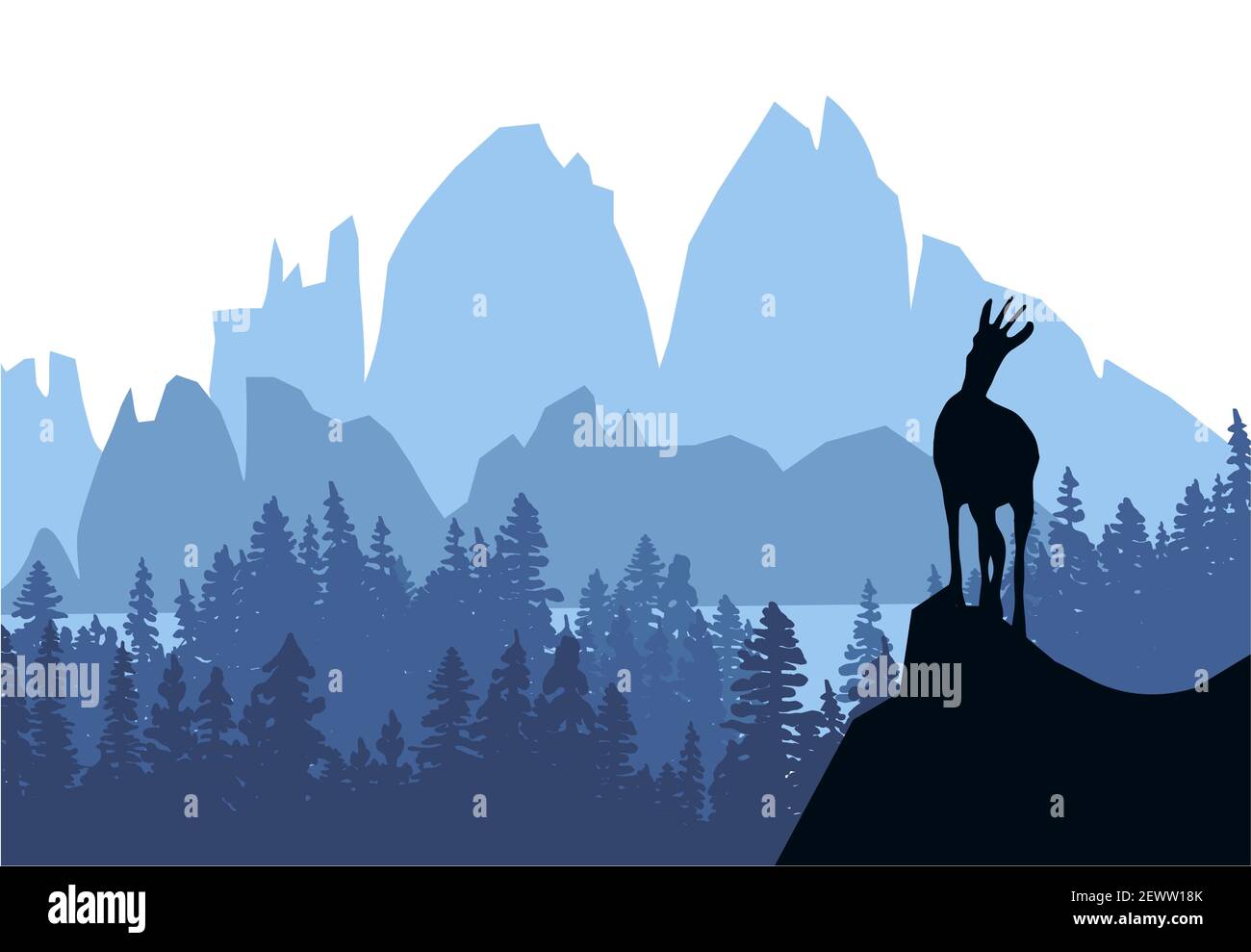 Eine Gämse steht auf einem Hügel mit Bergen und Wald im Hintergrund. Schwarze Silhouette mit blauem Hintergrund. Abbildung. Stockfoto