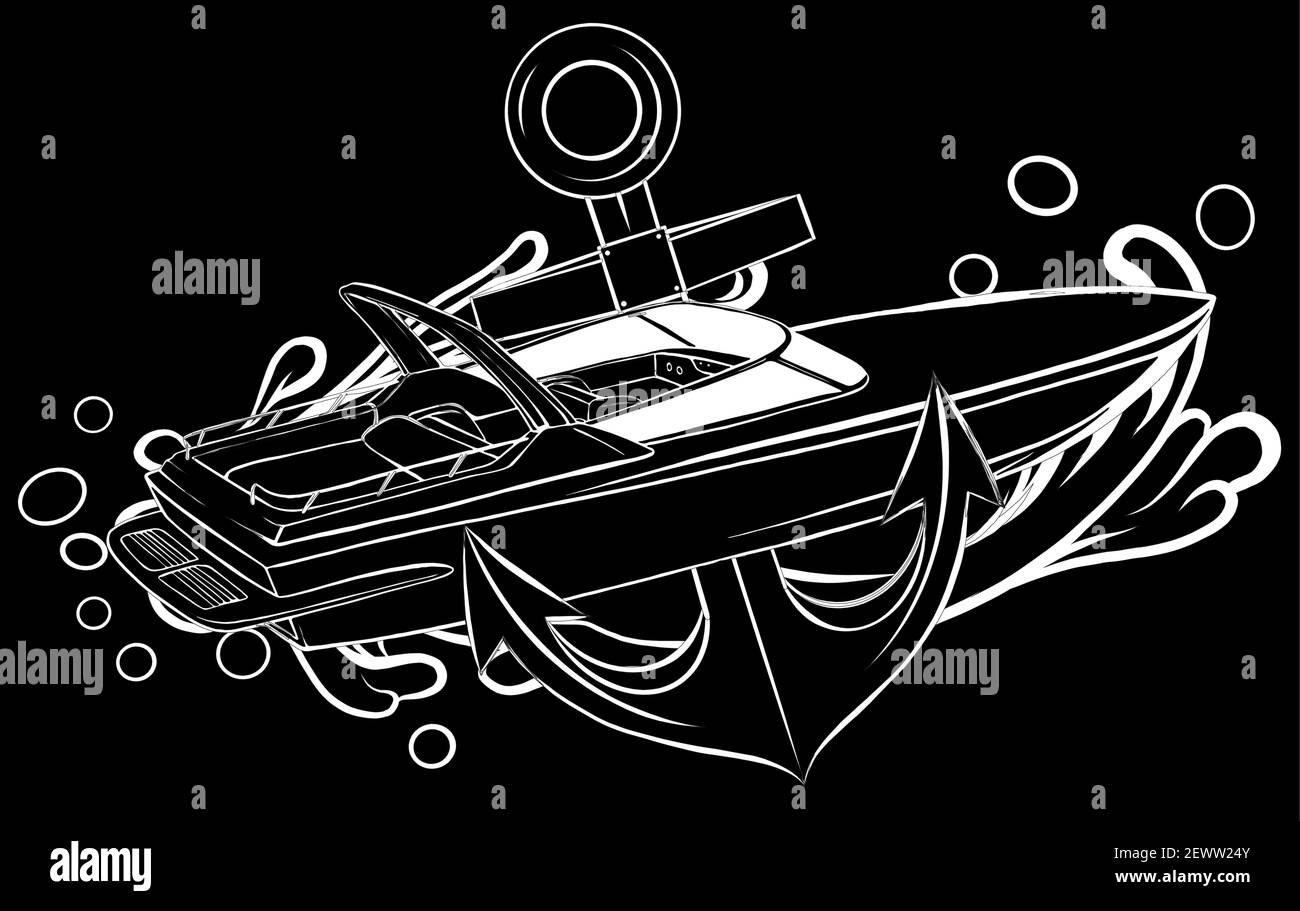 Silhouette Schiffe Boot mit Navigationssymbolen flach isoliert Vektor-Illustration Stock Vektor