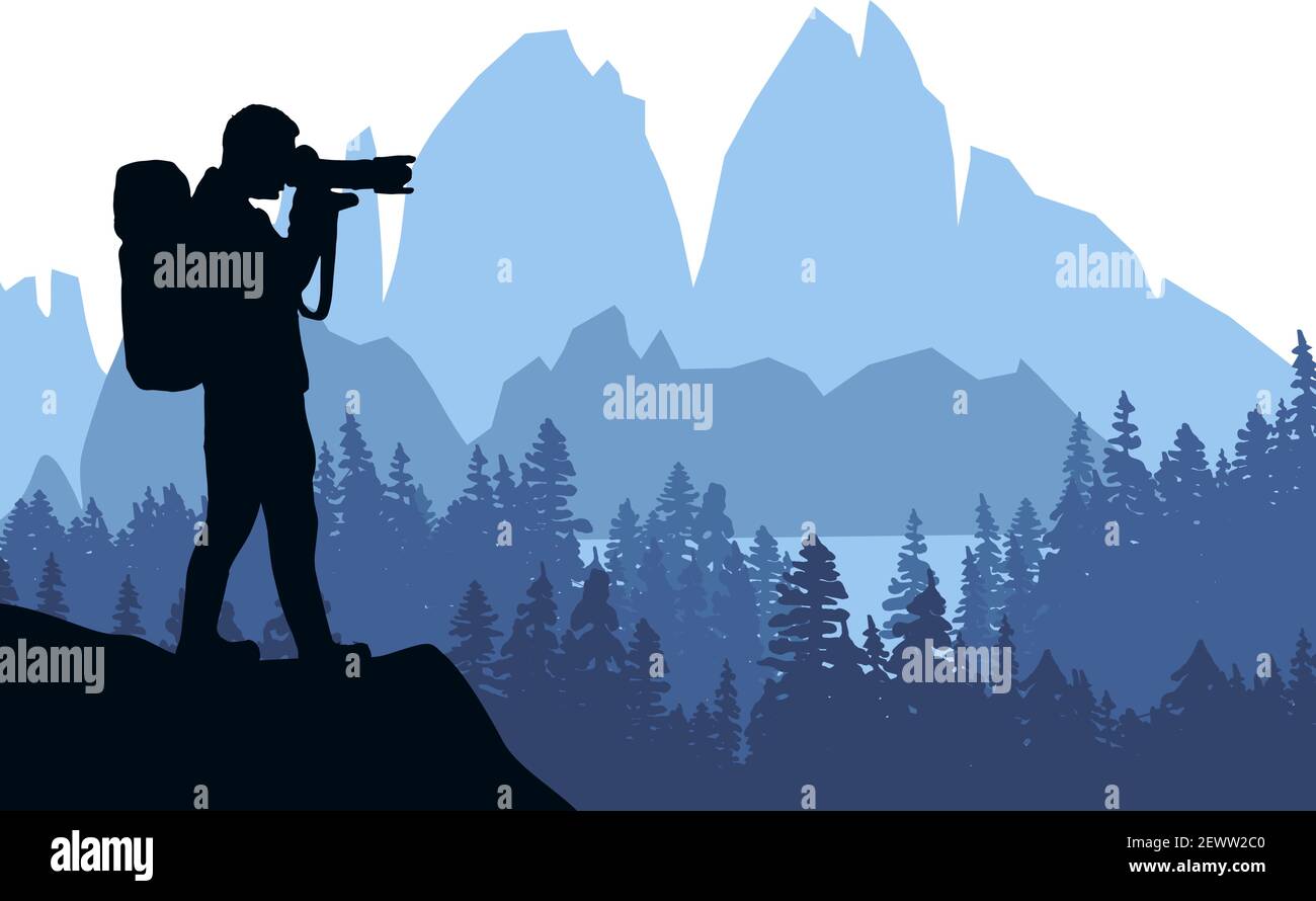 Mann, der Landschaft fotografiert. Berge und Wald im Hintergrund. Silhouette des Fotografen mit blauem Hintergrund. Abbildung. Stock Vektor